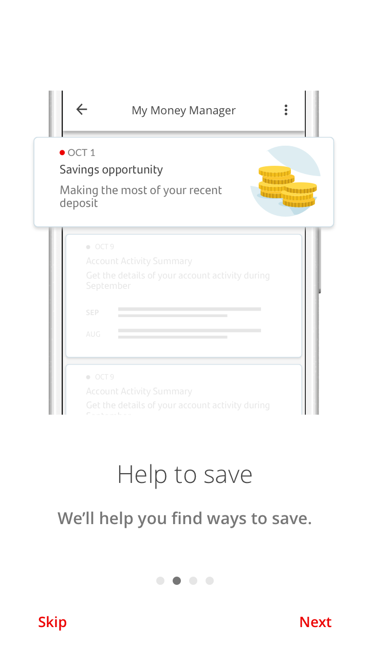 My Money Manager sends you messages, called ‘insights’ by text, to your inbox and as notifications in the app. This insight lets you know that you’ve had a deposit into your account which you could use as a savings opportunity.