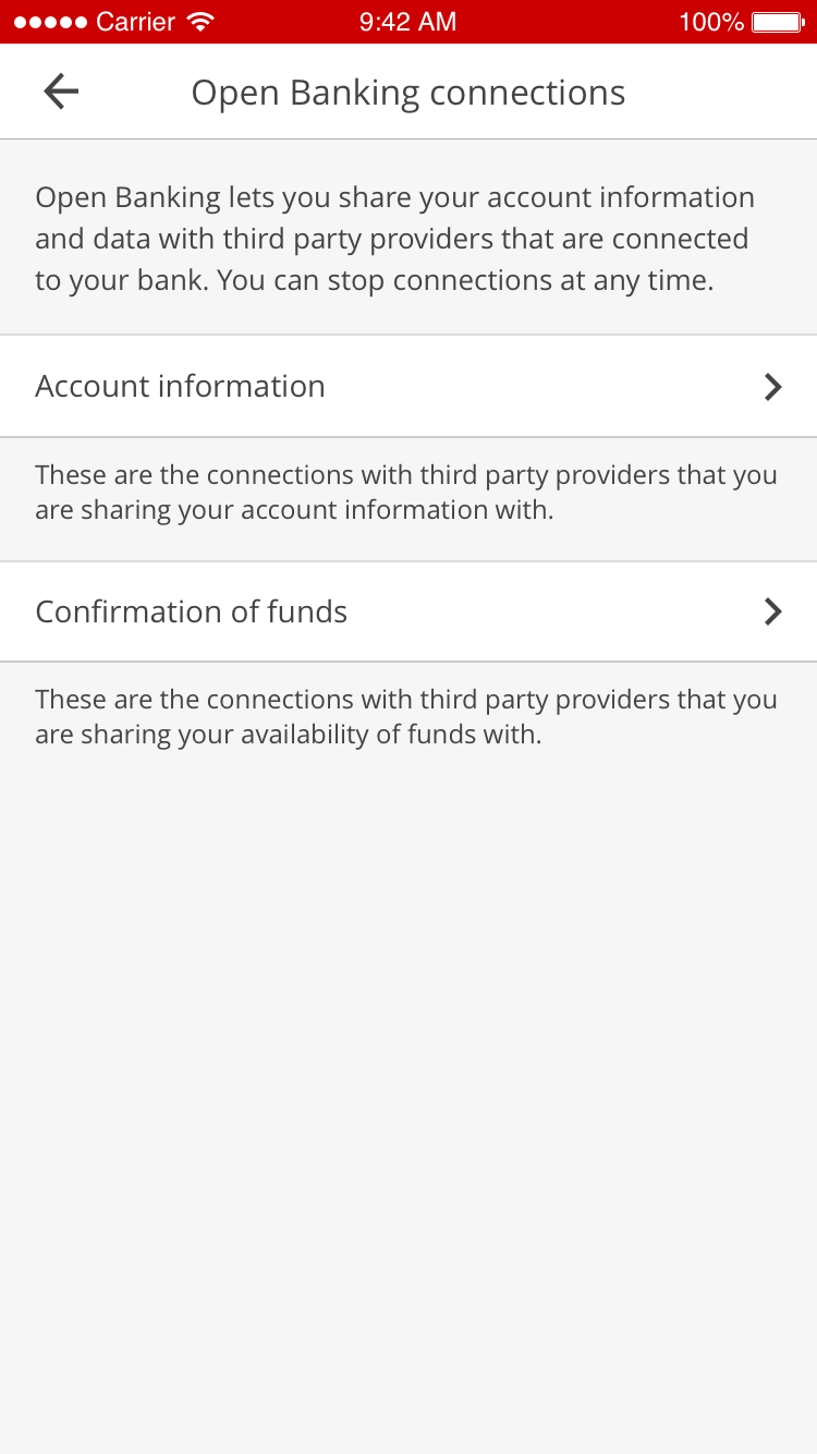 The ‘Open Banking connections’ screen in Mobile Banking which allows you to manage connections third-party providers.