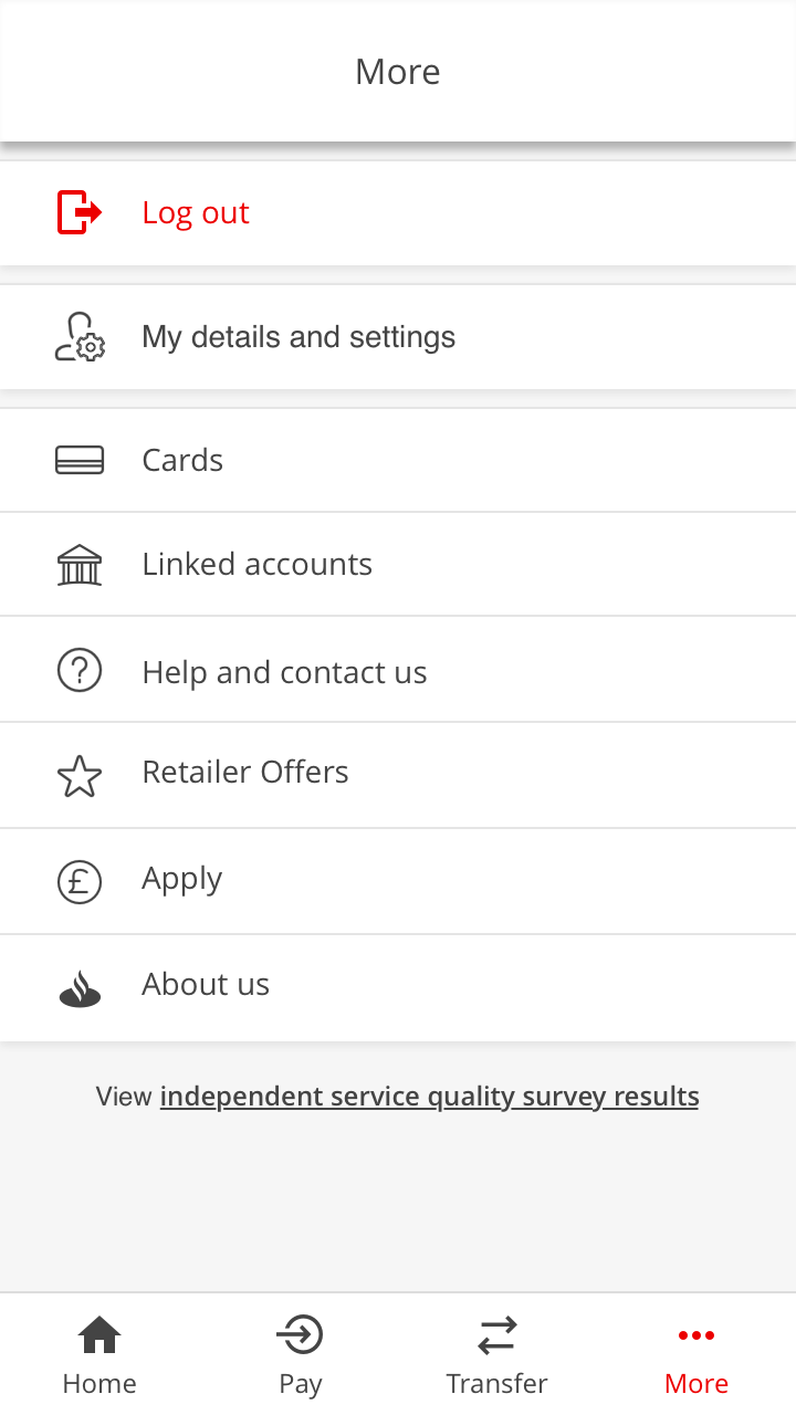 Screenshot from the mobile banking more screen