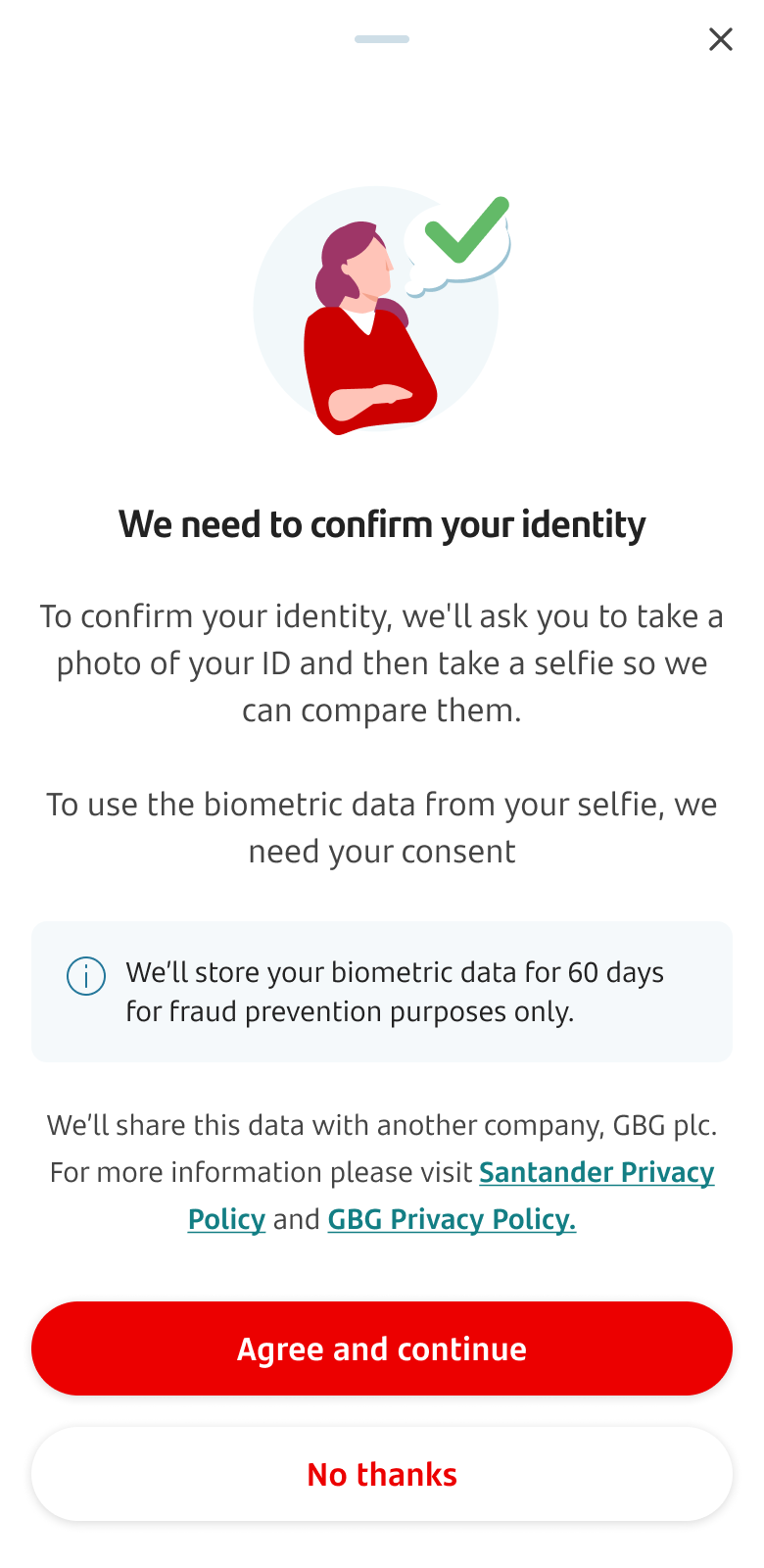 0.21 Dynamic confirm - Face.png Screen to ask customers they'll need to take a selfie to confirm their identity.