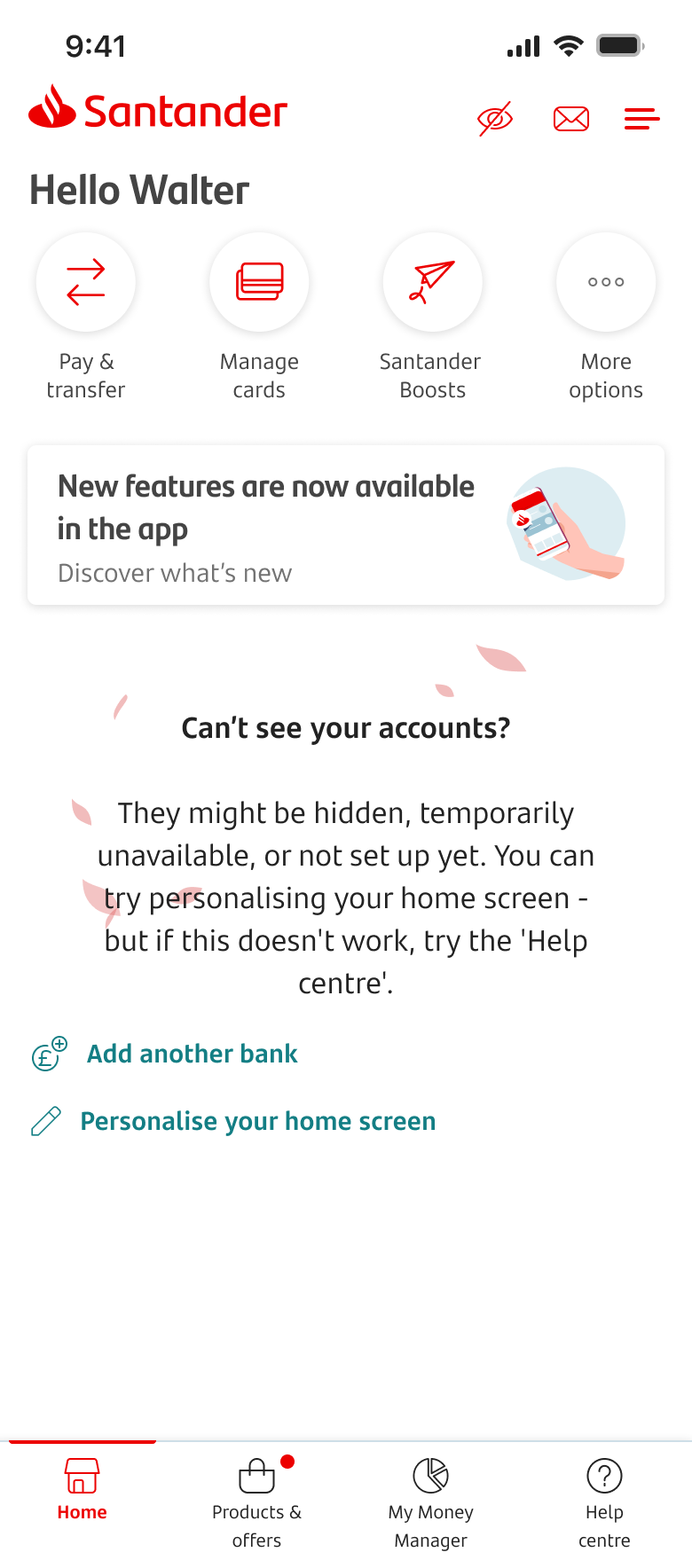 The mobile home screen with no accounts showing.