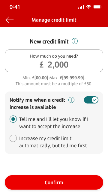 A screen where the credit limit can be changed. There is a toggle that can be turned on to notify when a credit limit is available.