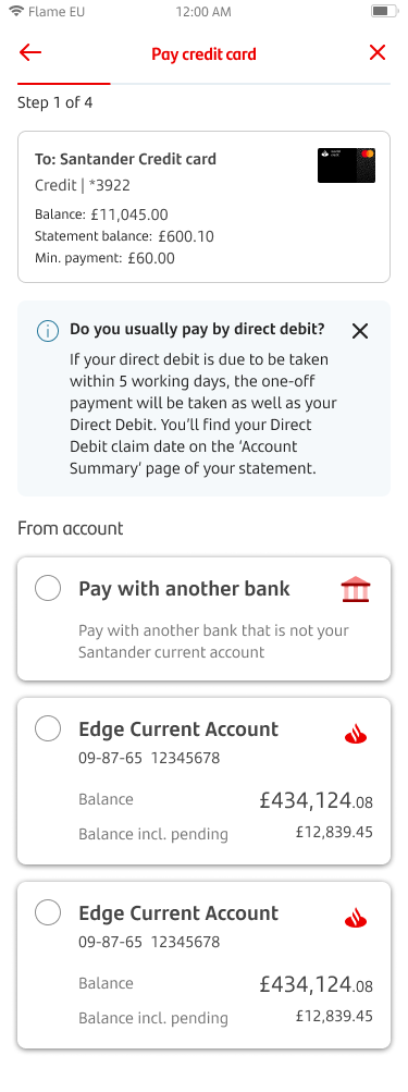 Home page screen showing card accounts