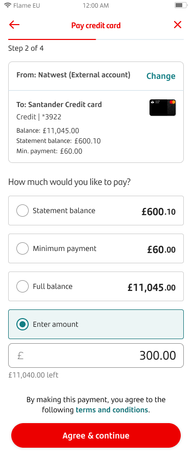 Amount you want to pay screen