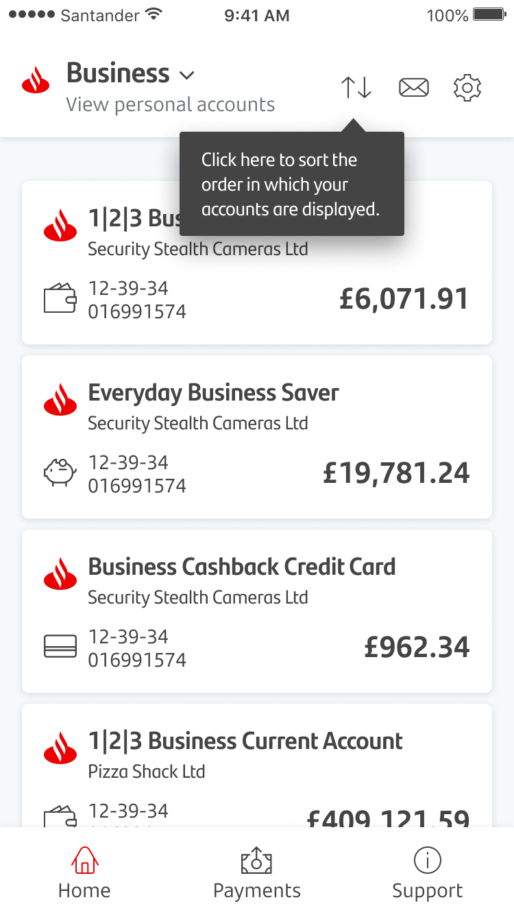 Sort accounts The Business Banking mobile app view accounts screen