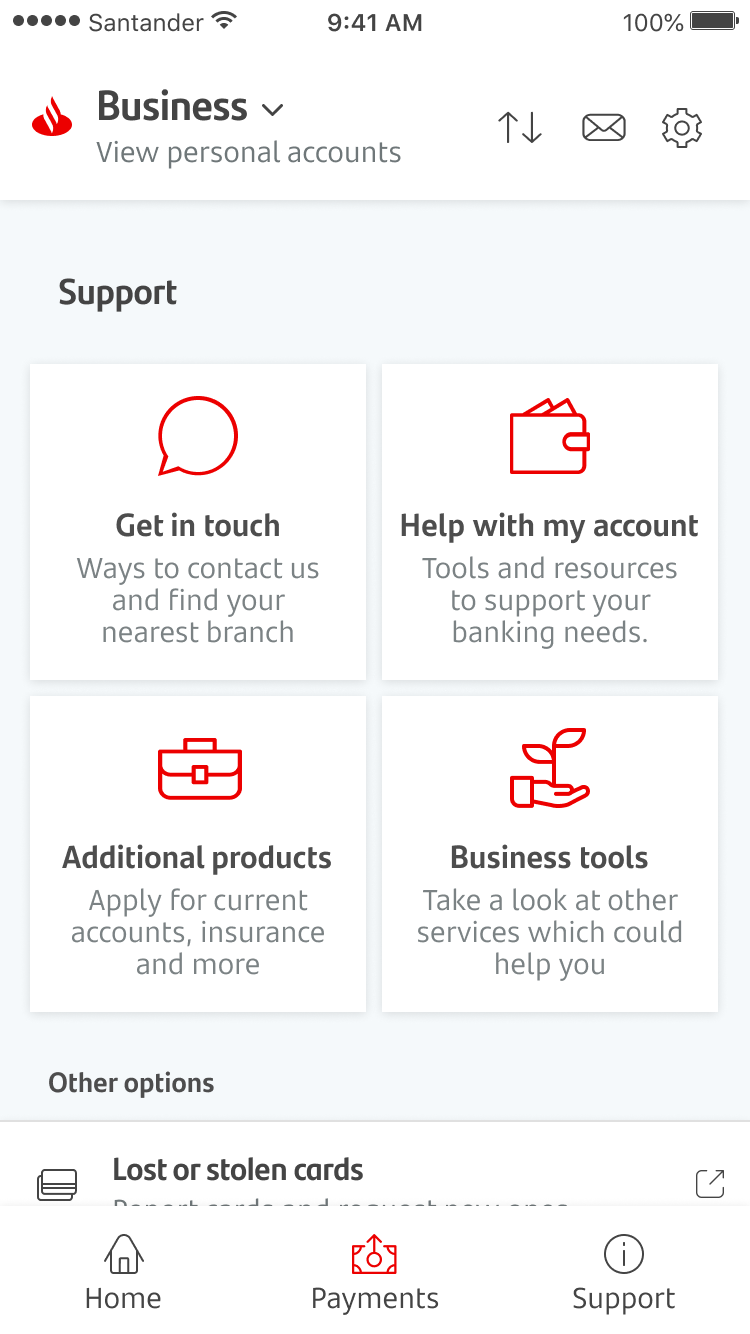 103.BU - Support Hub (full tier) 1.png Screenshot of mobile banking support screen