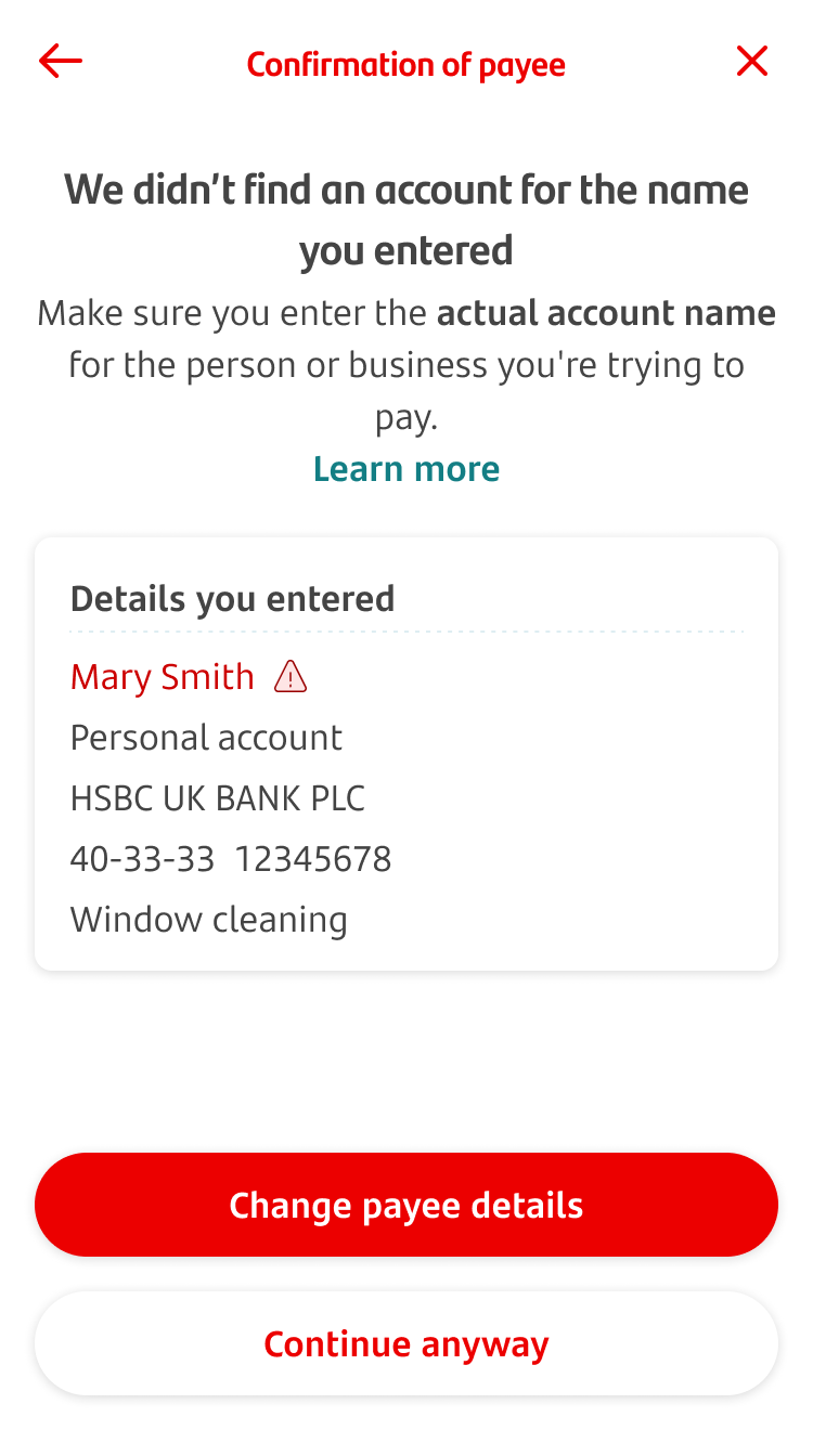 11-COP - ANNM.png Confirmation of Payee screen saying the bank account details can't be found or doesn't match