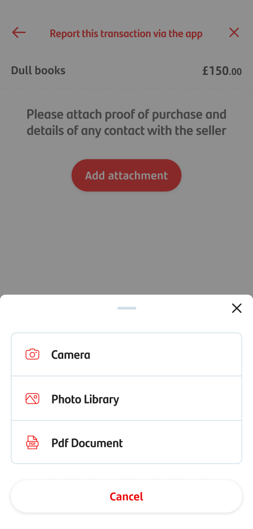 Pop up with 3 options to upload the proof of purchase - Camera, Photo Library and PDF Document.