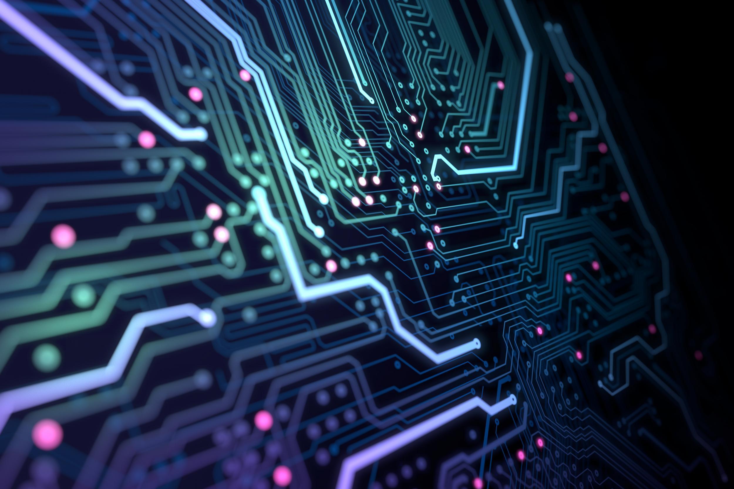 1314656208 Circuit board with running data by a glowing lines.