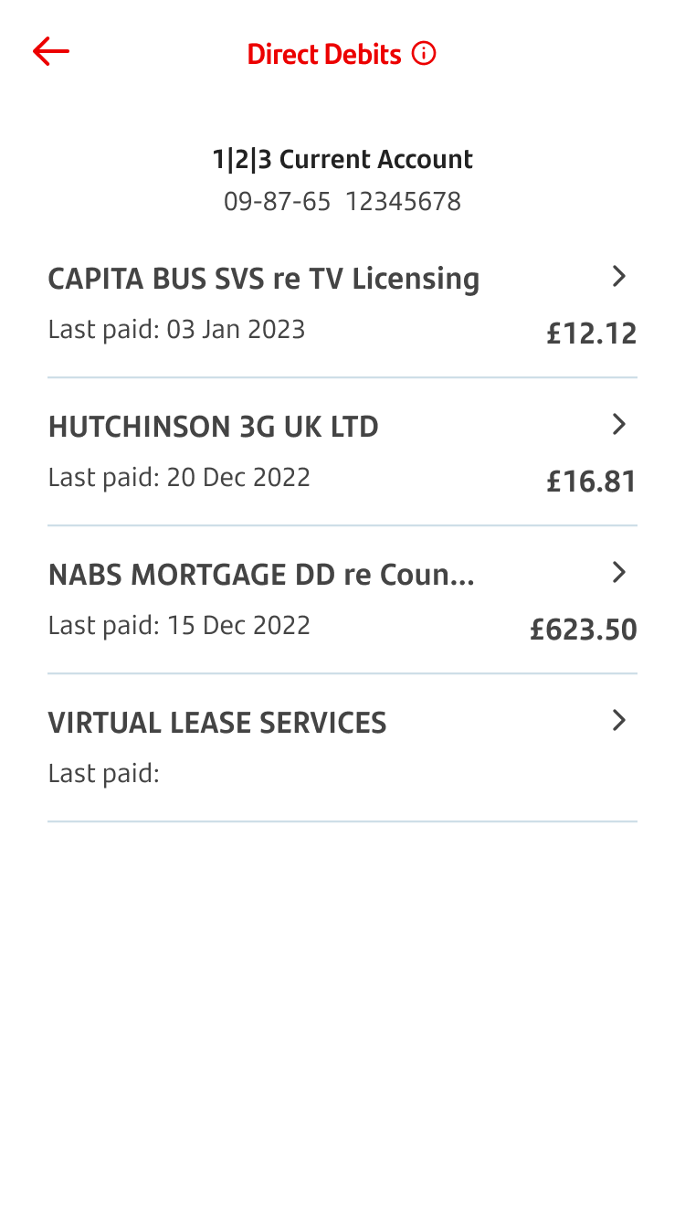 4-List Standing Orders.png Screen showing Direct Debits from a current account