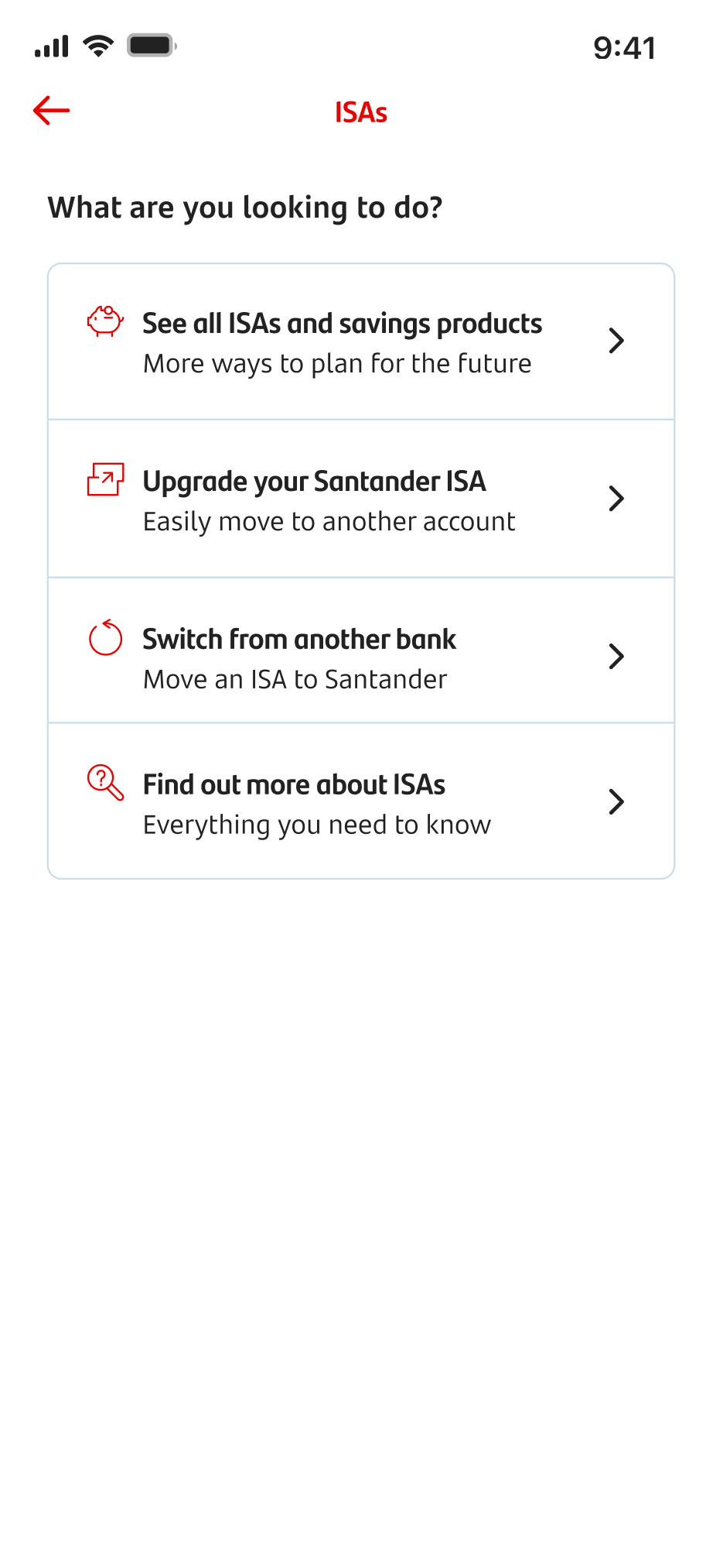 An ISA menu showing the options available