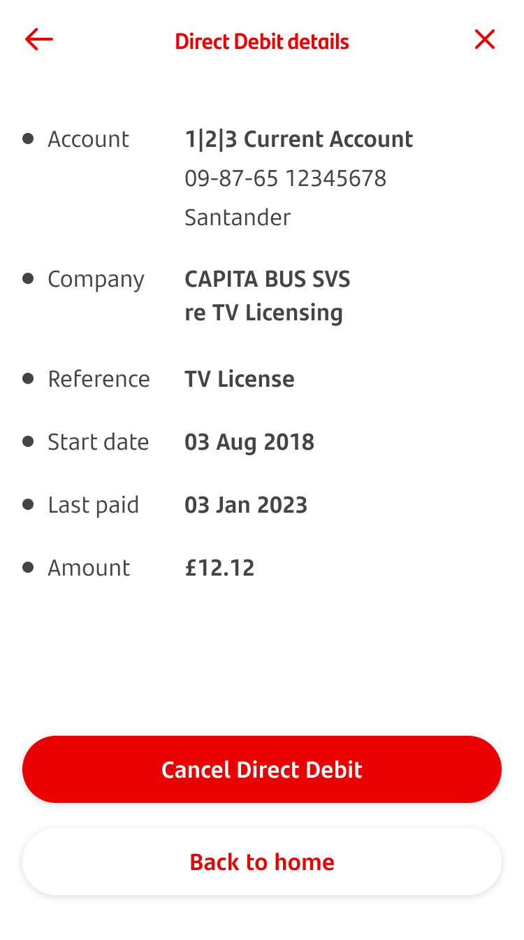 5-Confirmation payment.png Screen showing details of one Direct Debit