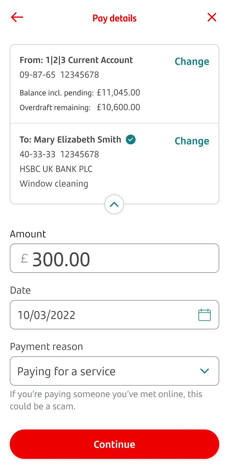 6-COP - Pay Amount and date.png Screen for adding amount, date and reference for paying a new payee