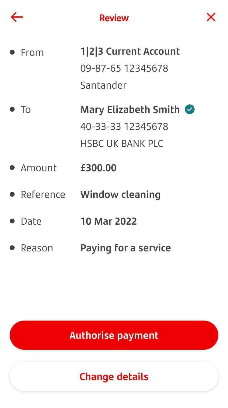7-COP - Confirmation payment.png Screen showing review and details of one new payee and payment