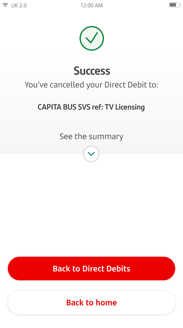 7-Direct Debit Cancelled - Success.png Screen confirming that the Direct Debit has been cancelled.