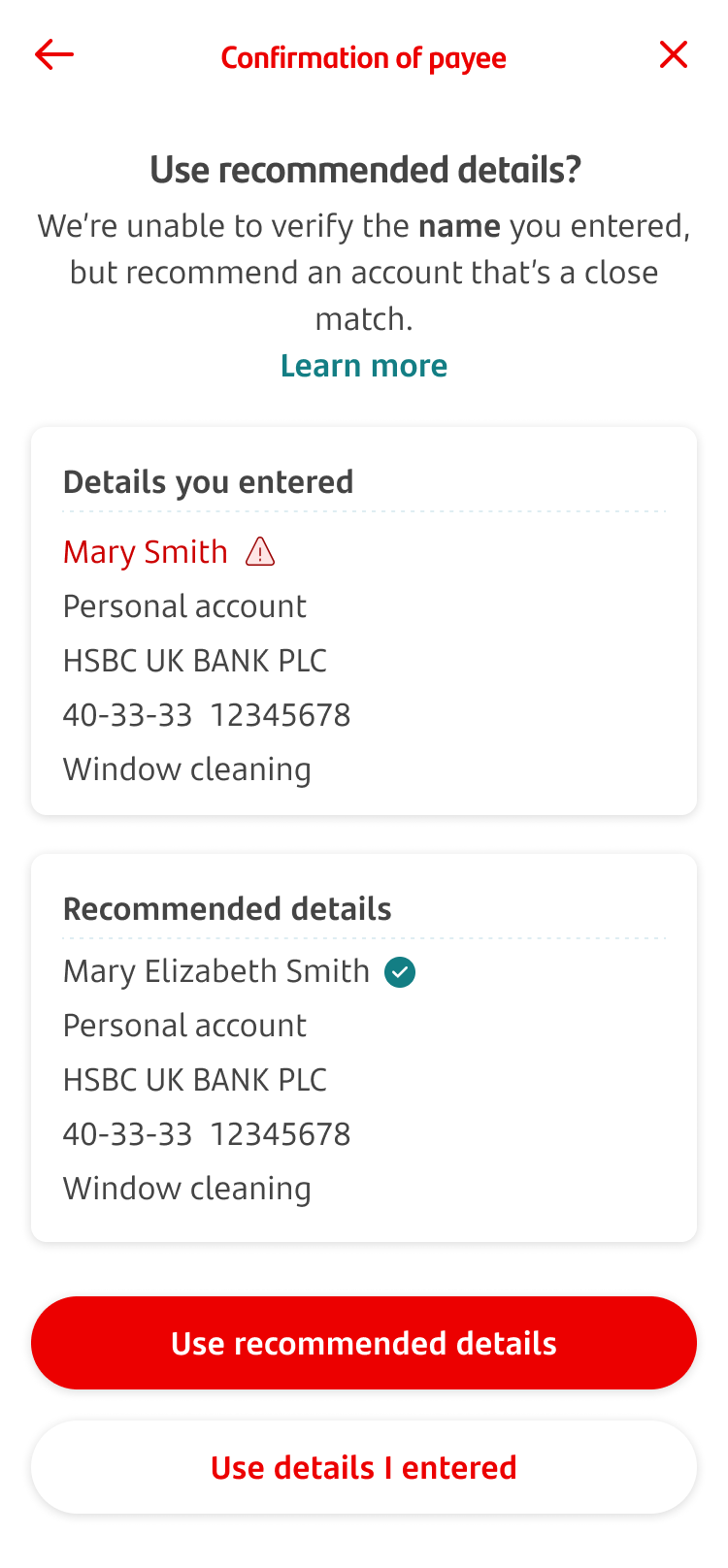 9-COP - MBAM - Close match.png Confirmation of payee screen