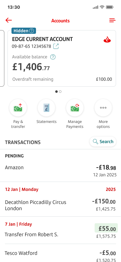 A screen showing a current account and transactions.