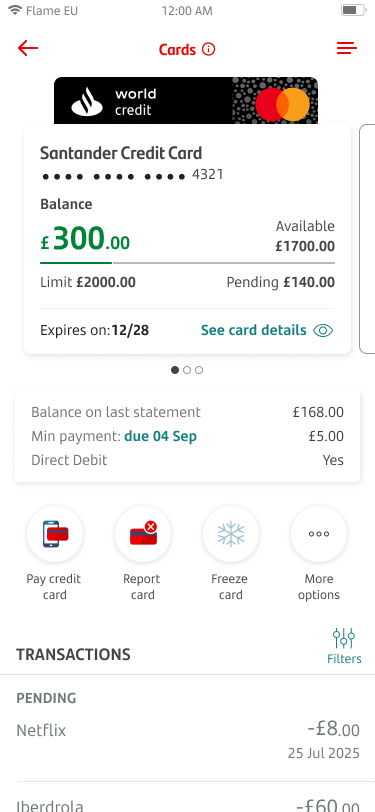 A screen showing a credit card. There is a button called ‘more options’.