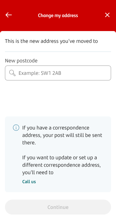 A change my address screen where a postcode can be entered.