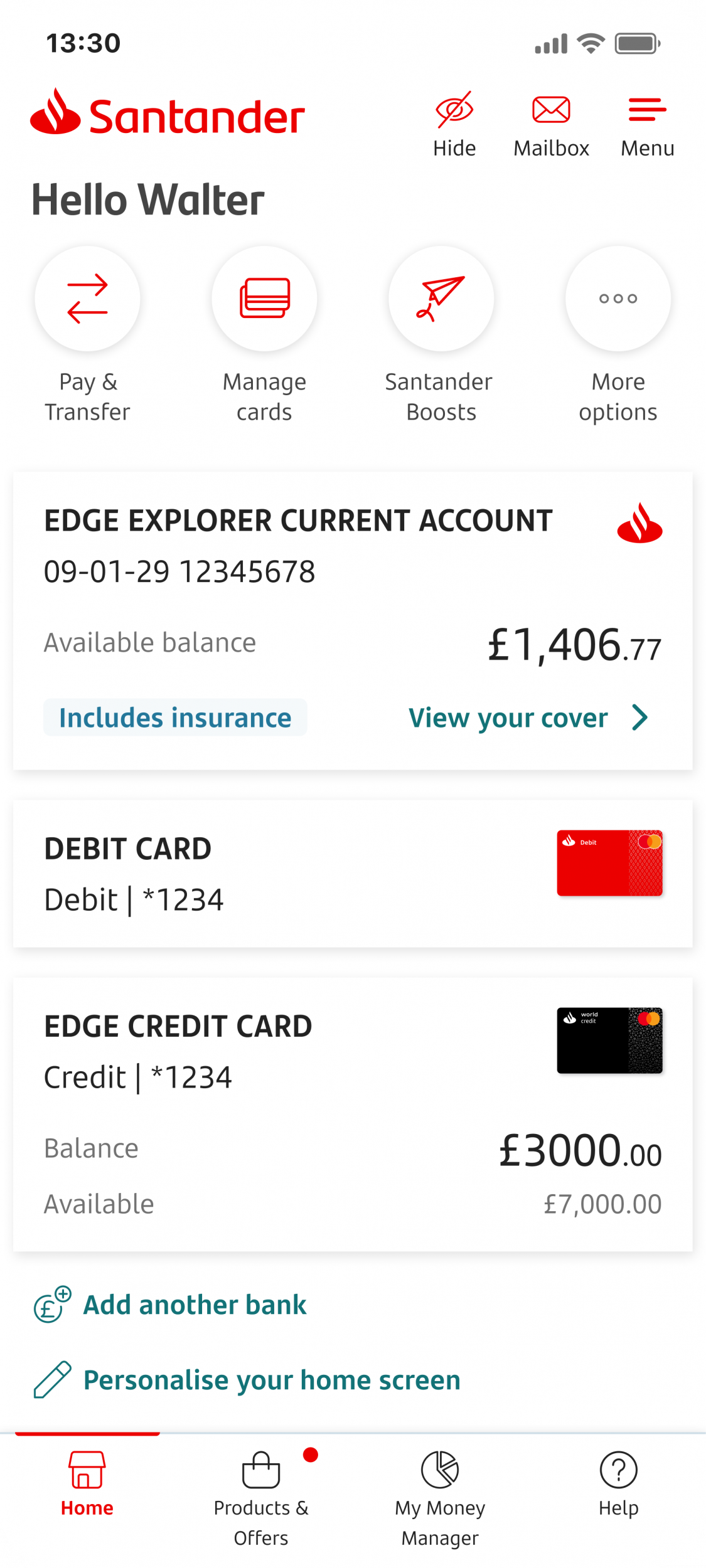 The home screen of a mobile banking app