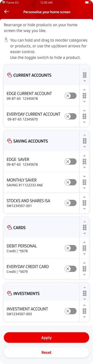A menu where accounts and cards can be reordered. Next to each account there is a toggle to hide them from view.