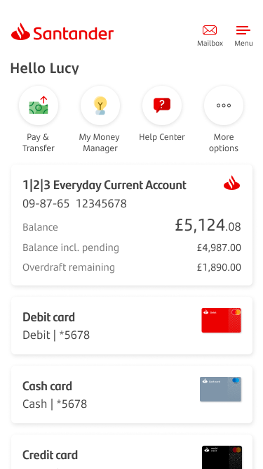 A list of accounts and cards.