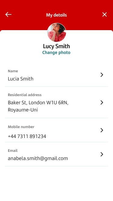 My details screen showing name, address, mobile number and email address
