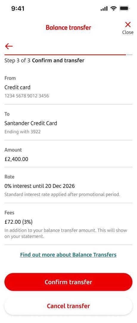 A summary screen showing the details of a balance transfer