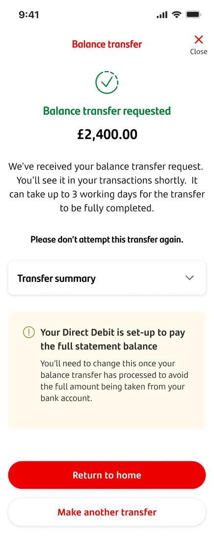 A confirmation screen showing the details of a balance transfer