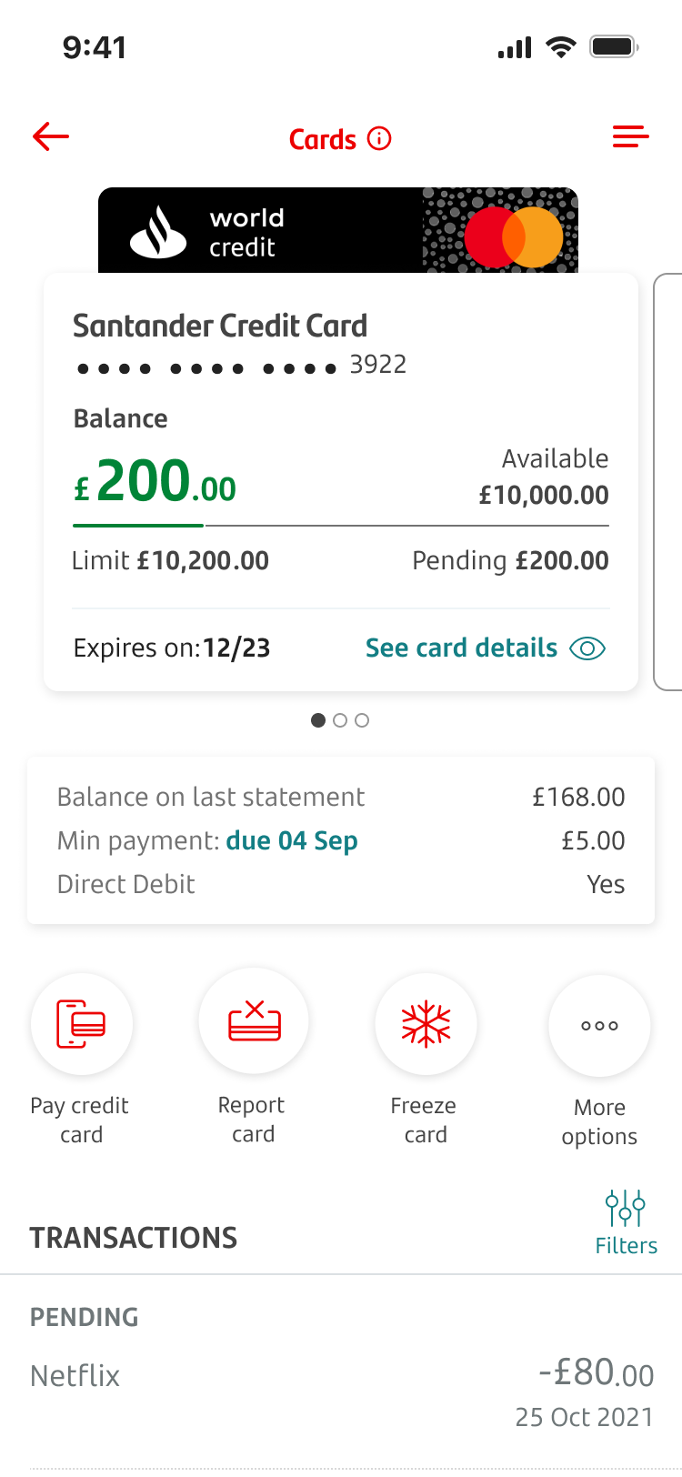 A credit card with options to tap on including a ‘more options’ icon
