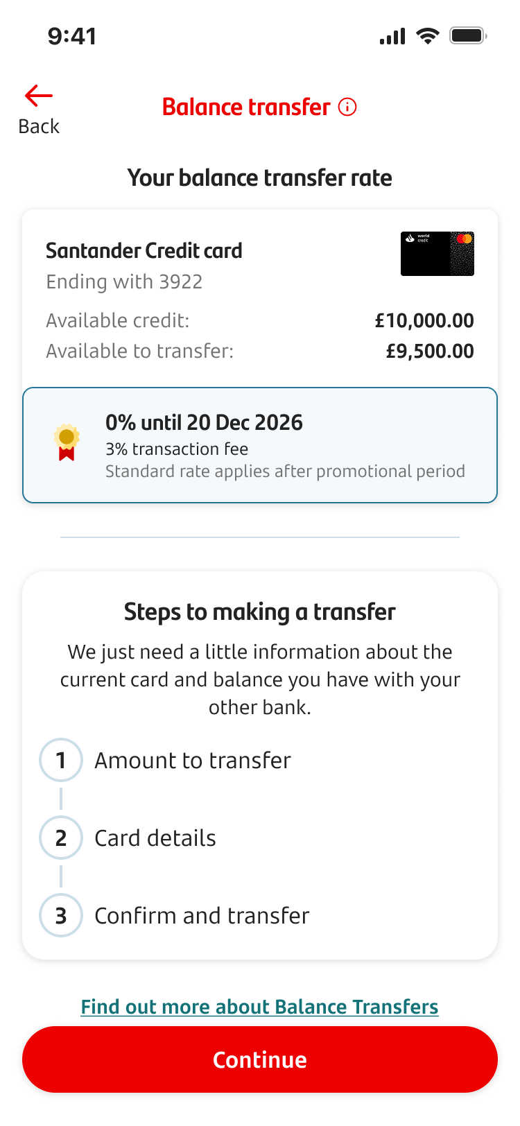A balance transfer screen showing an offer and steps to transfer