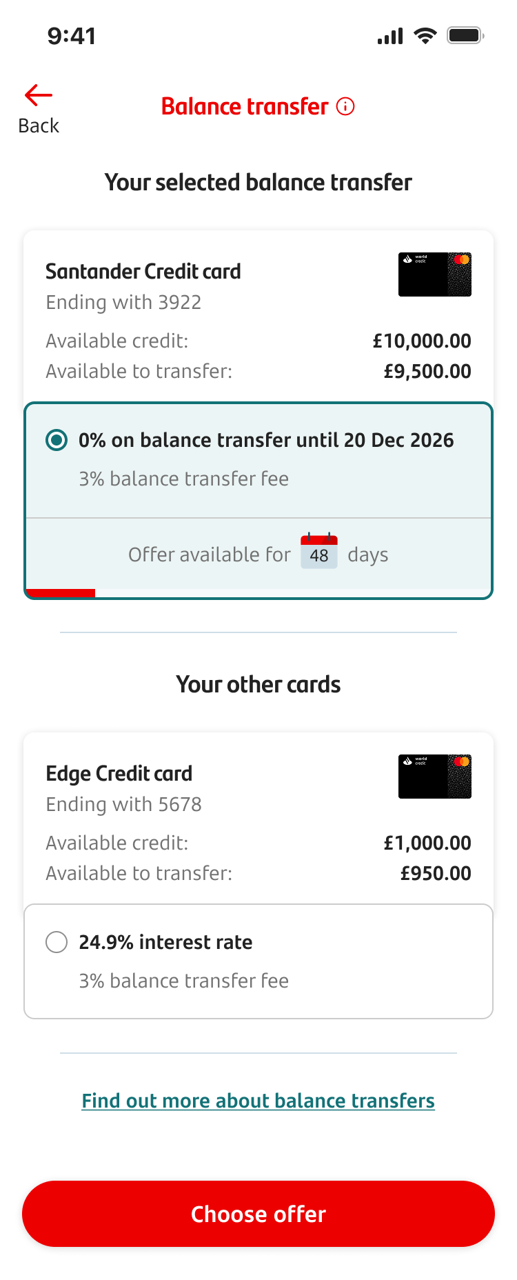 A screen showing different example balance transfer offers. 