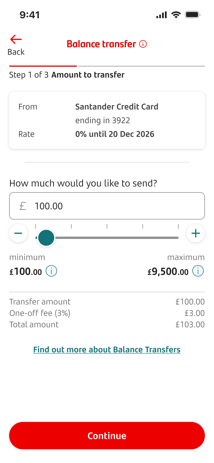 A screen where a balance transfer amount can be chosen with a minus to plus scale