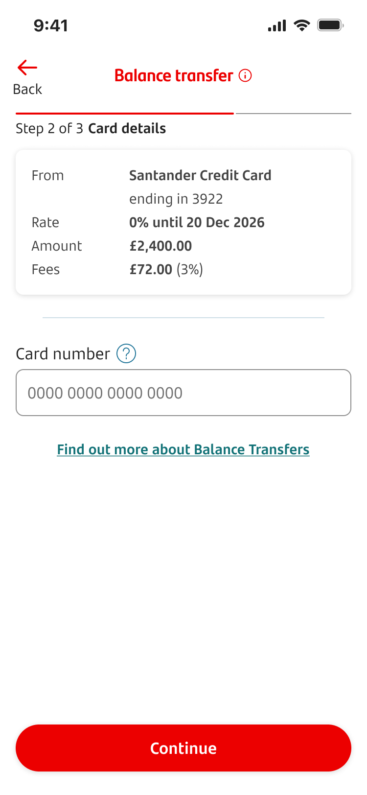 A screen where a card number can be added