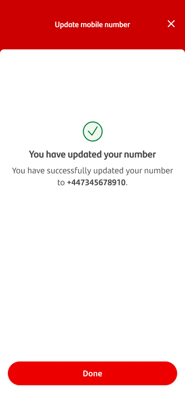 Example of a confirmation screen showing the mobile number has been updated.