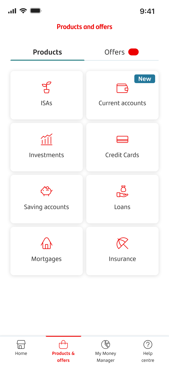 A menu showing products and offers. There is a button called ‘ISAs’