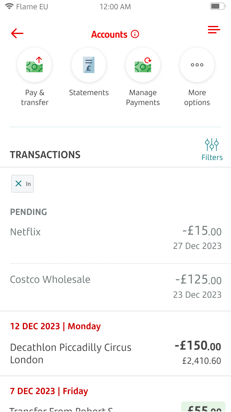 Account information screen 3.png Account screen with transaction history