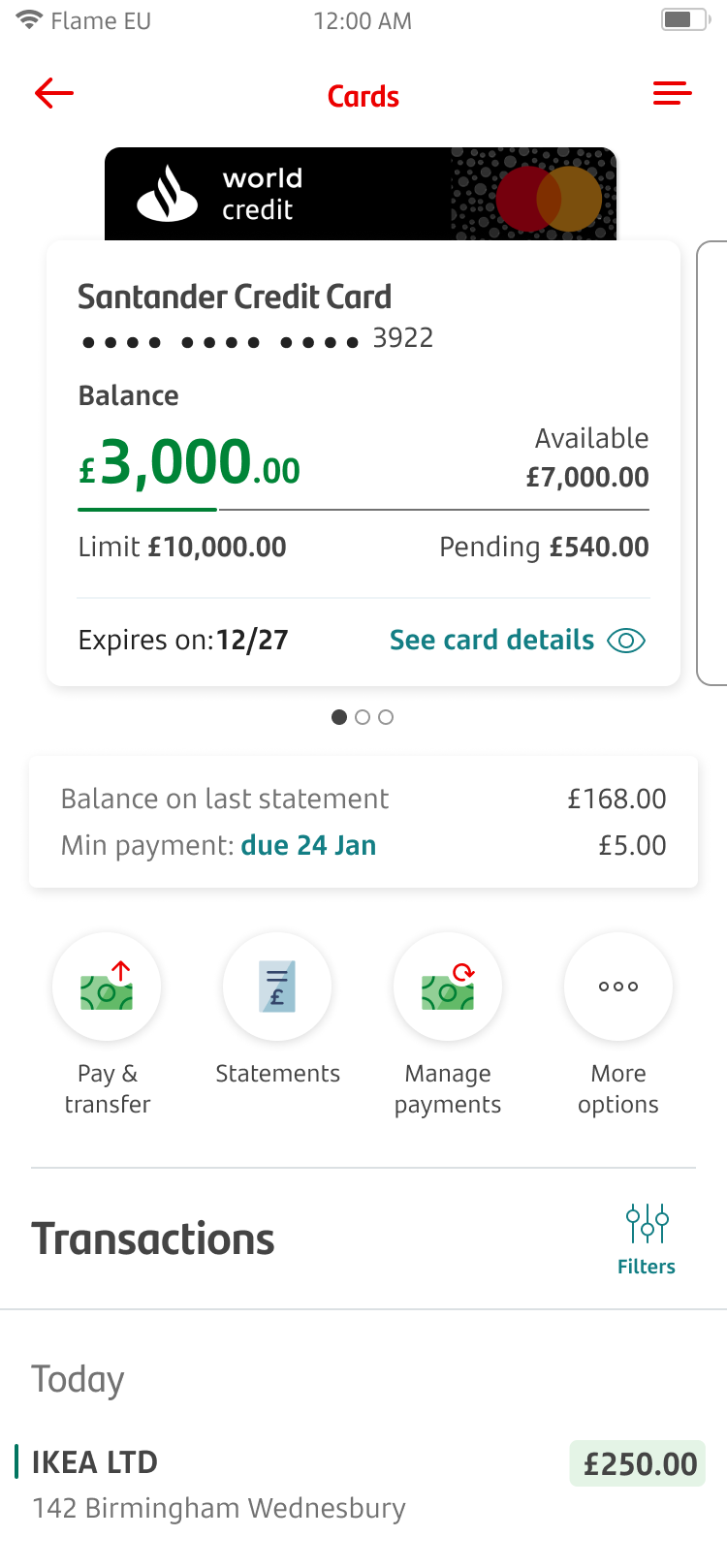 Account information screen 8.png Cards screen with detailed information about a credit card account