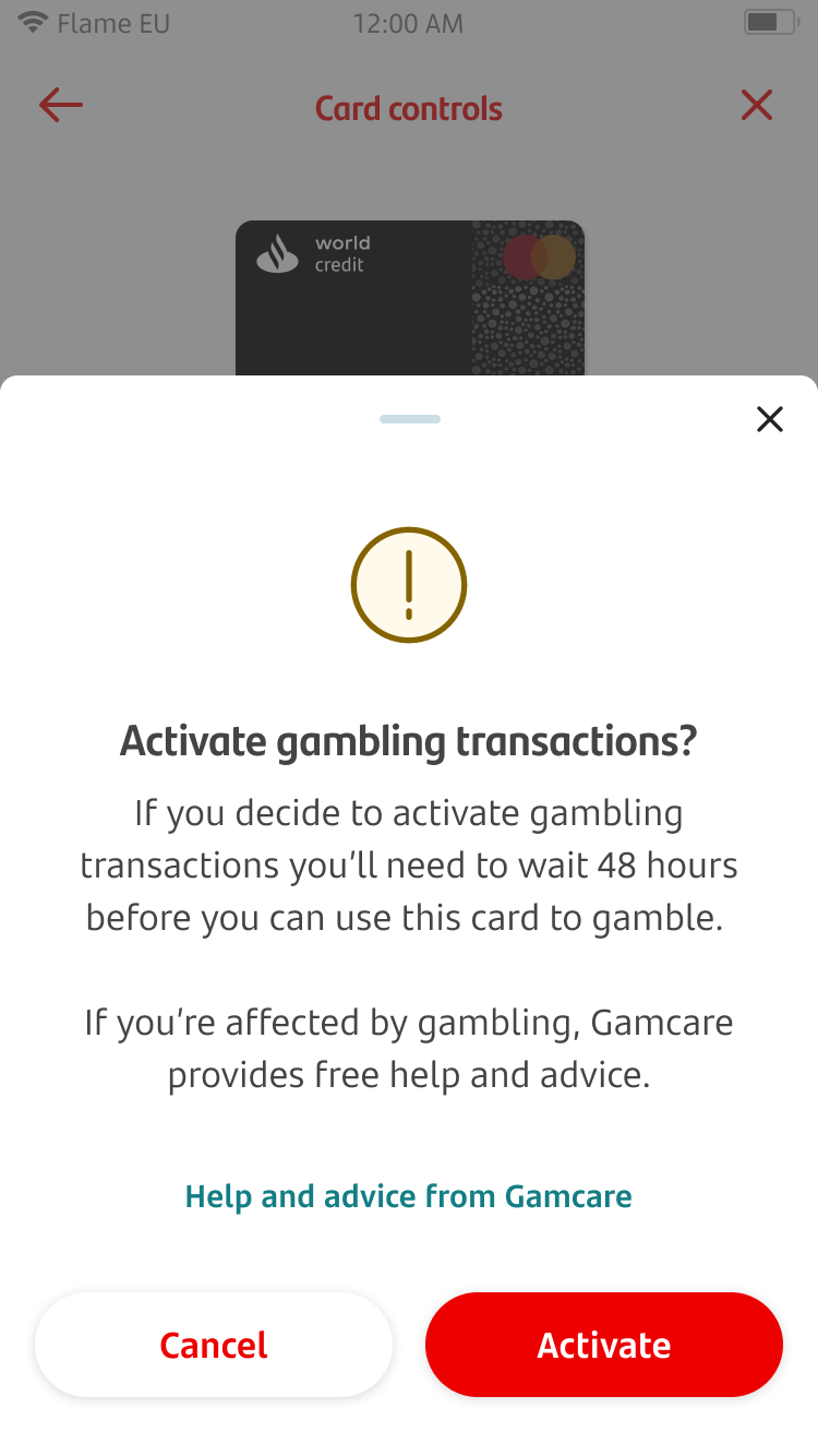 Card control screen 11.png Screen of an alert for activating gambling transactions.