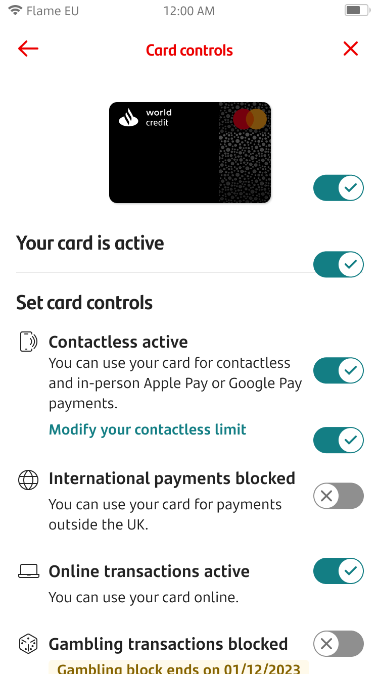 Card control screen 12b.png Card controls screen with most options on with international payments and gambling transactions turned off, and with a date when the block will end.