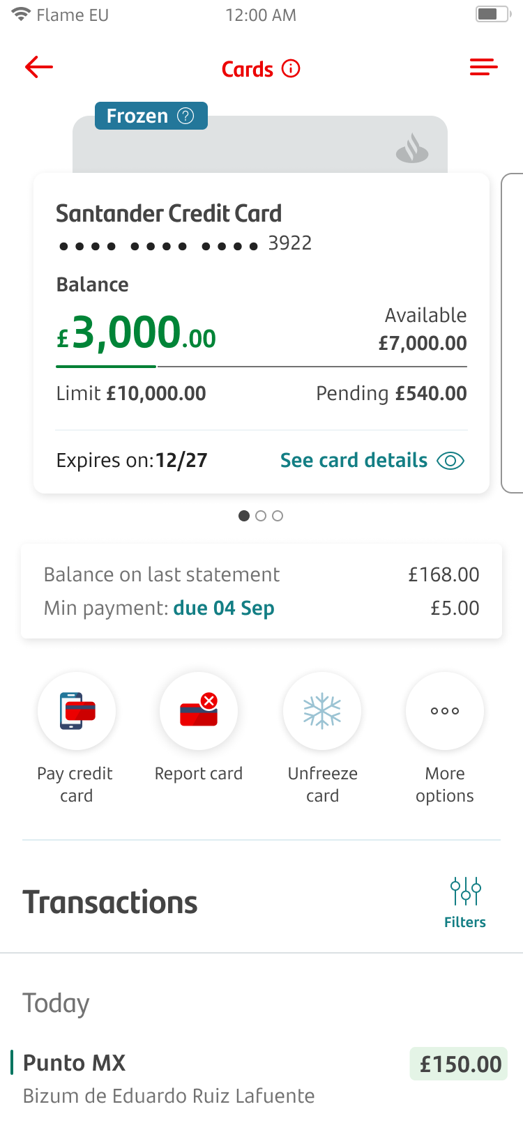 Freeze card screen 4 (2).png Screen showing a Santander Credit Card details.
