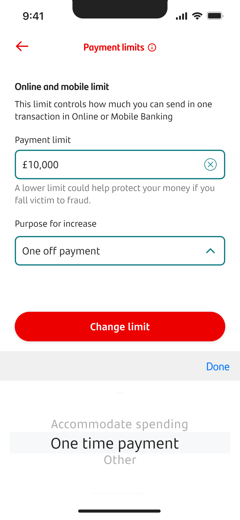 Payment limits screen asking customers the reason for the payment increase.