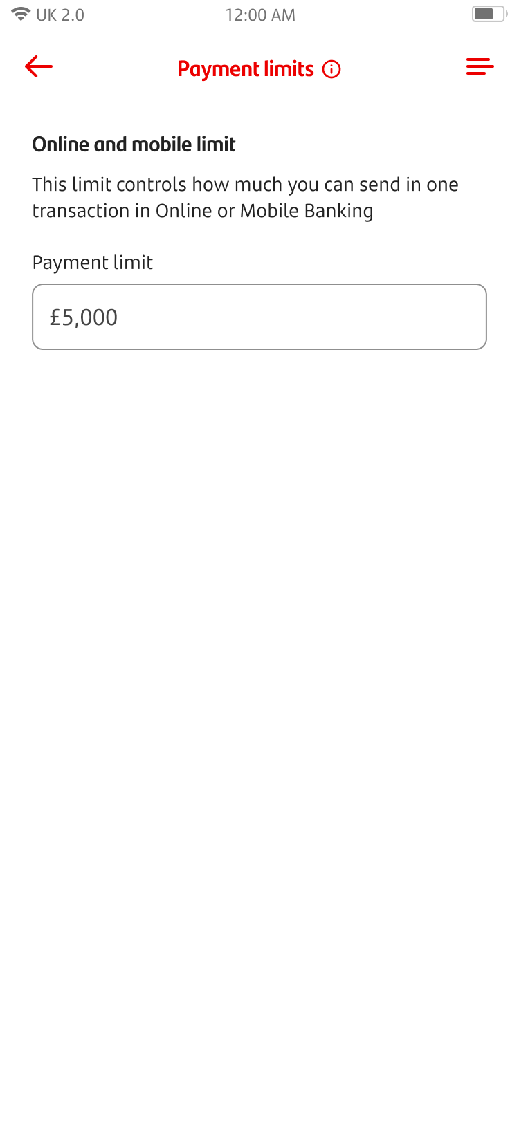 Payment limits screen with payment limit value