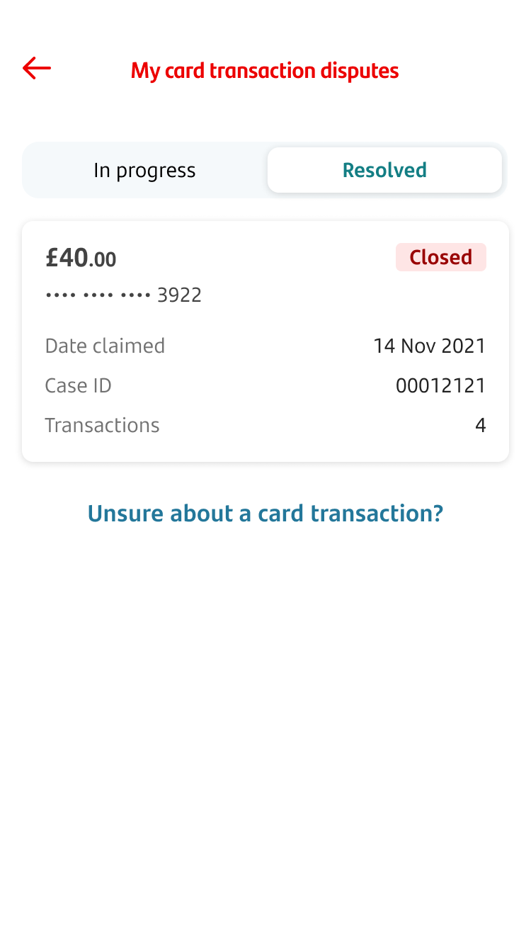 My card transaction disputes screen, showing reports that have been resolved.