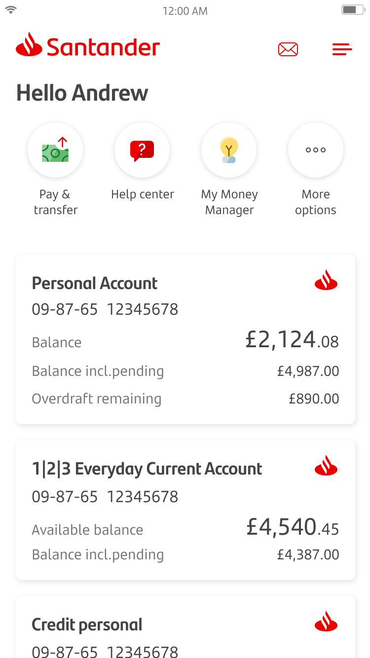 My Money Manager screen 1.png Home page screen showing current and saving accounts