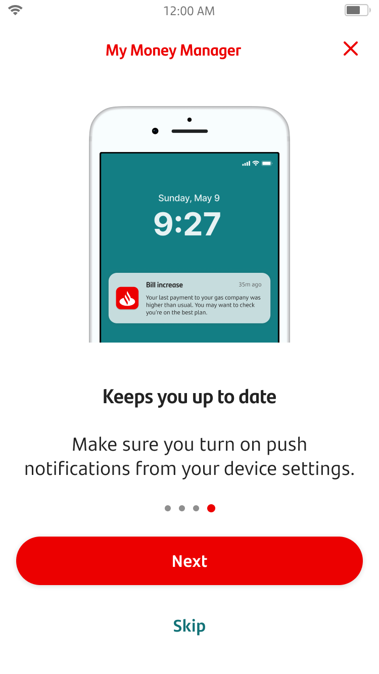 My Money Manager screen 5.png Demo screen for My Money Manager about push notifications.