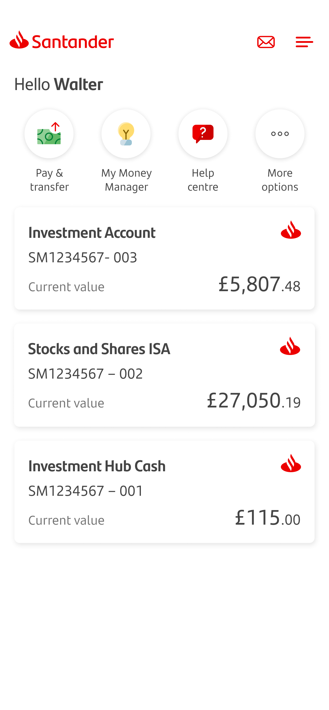Home screen for investments, and stocks and shares