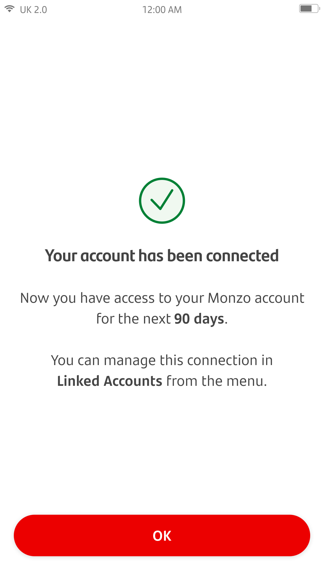 Open Banking Screen 10.png Success screen for connecting an account with another provider.