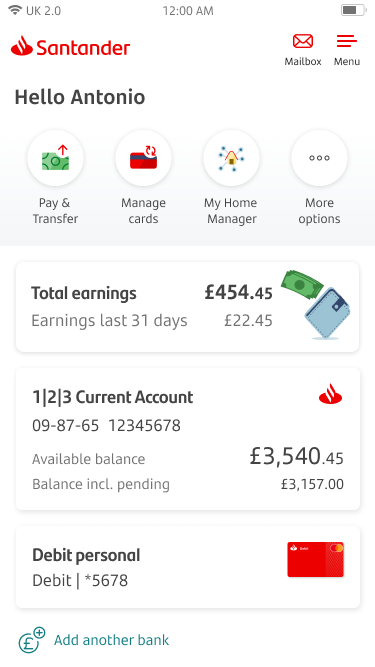 Open Banking Screen 1 UPDATED.png Home page screen showing total earnings, and other account balances.
