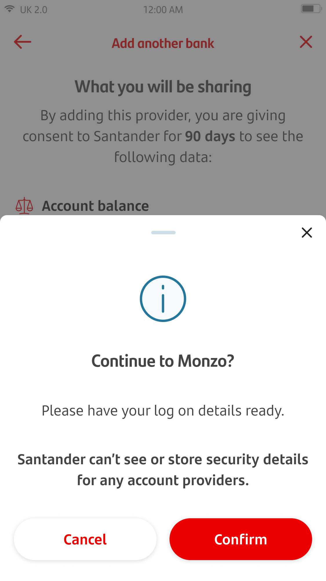 Open Banking Screen 7.png Alert screen for continuing to another provider.
